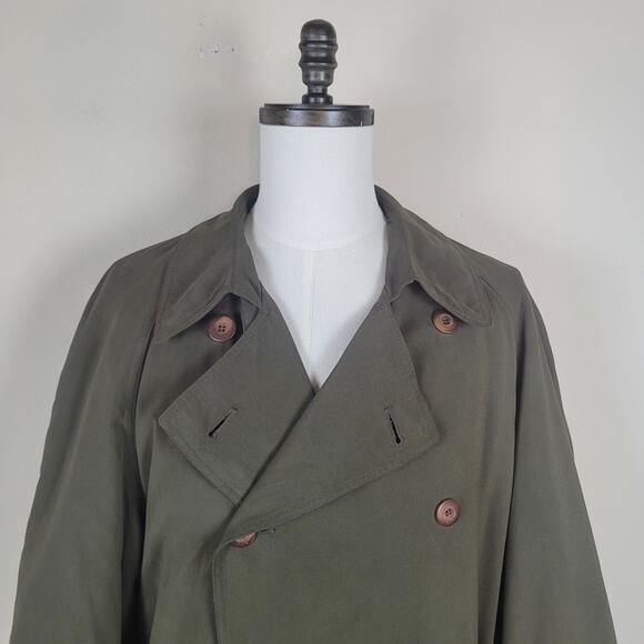 Perusal Trench Coat 44L Green Belted Classic Double Breasted Collared Wool Liner - Picture 3 of 11